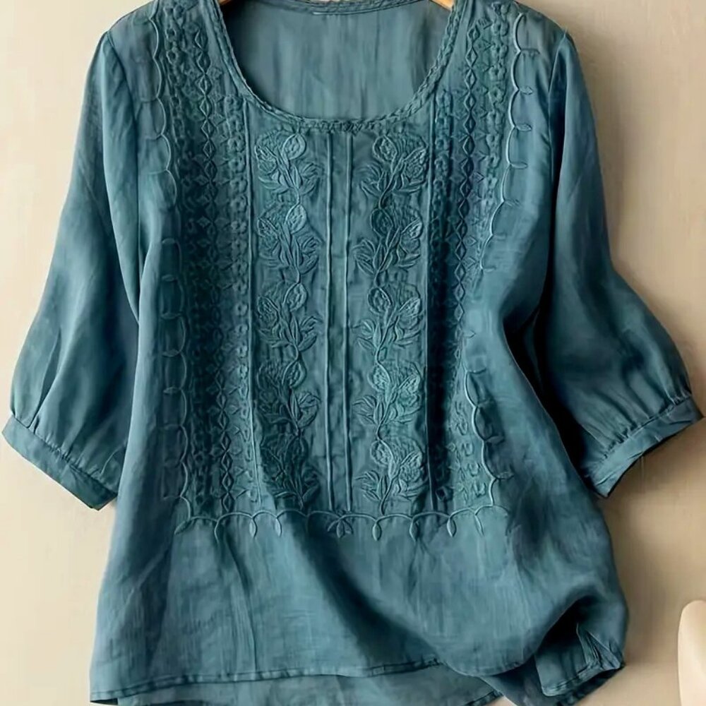 NEW dusty teal embroidered cotton top balloon elbow sleeves 1X 2X XXL